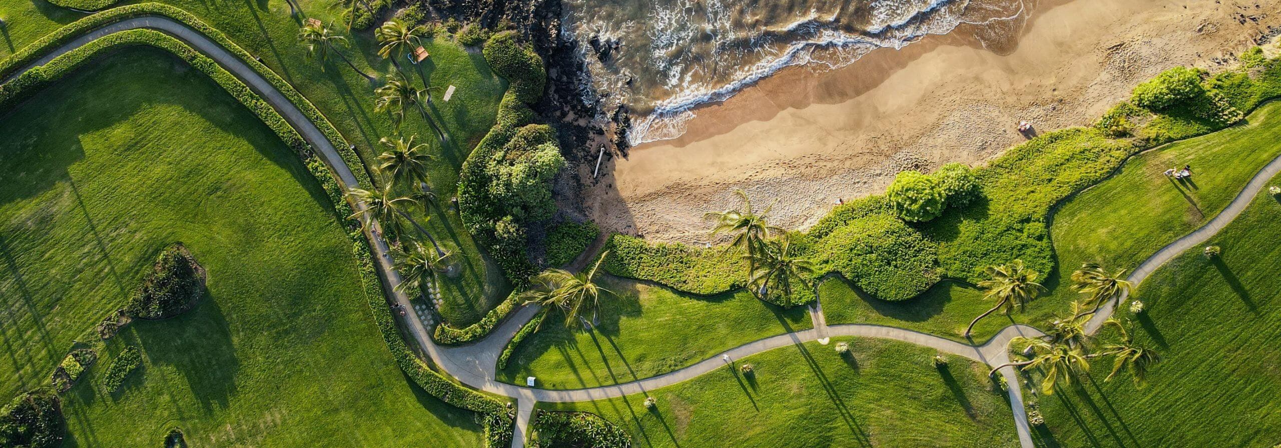 Aerial view of the Wailea beach path and resort